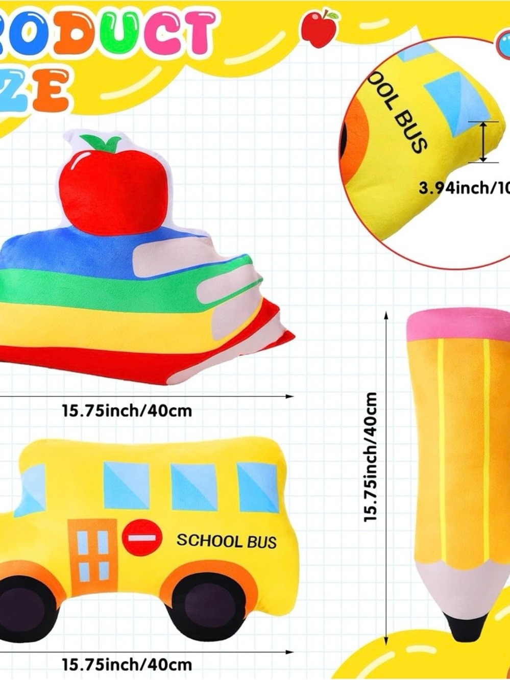 3 Pcs 16” Back to School Pillows Classroom School Bus & Books/Apple, Pencil - Picture 2 of 6